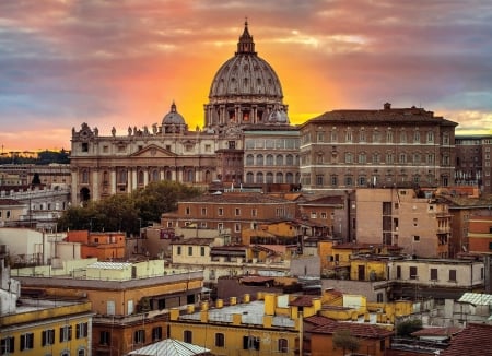 Rome, Italy - sky, houses, clouds, church, sunset, vatican