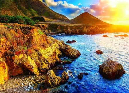 Pacific Sunset, California - hill, water, stones, rocks, sun, sky