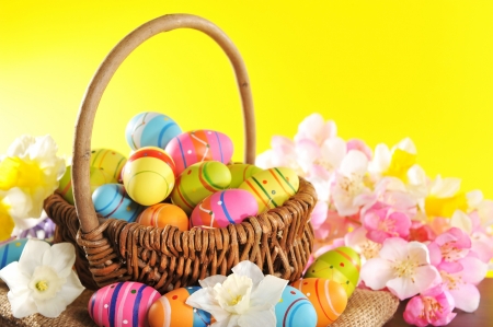 Happy Easter! - flower, pink, egg, yellow, blue, easter, white, card, basket