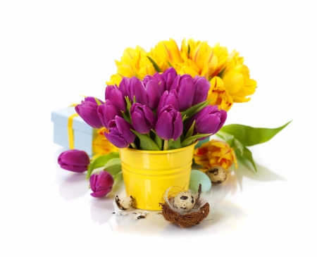 Happy Easter! - vase, yellow, flower, tulip, easter, white, purple, nest, egg, card