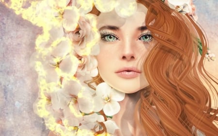 Beauty - game, girl, beauty, flower, fantasy, white, redhead, woman, rendering, face