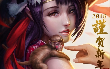 Girl and monkey - chinese zodiac, girl, beauty, monkey, fantasy, 2016, hand, red, woman, cute, art, luminos