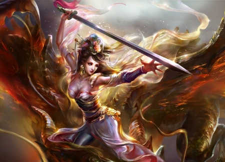 Fighter - fantasy, rongrong wang, woman, girl, sword, art, luminos