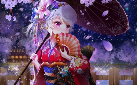 Geisha - red, purple, pink, fan, spring, sakura, anime, yukata, girl, umbrella, blue, manga, petals, geisha