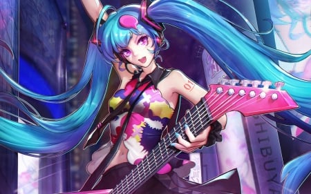 Hatsune Miku - guitar, manga, vocaloid, anime, blue, girl, hatsune miku, pink