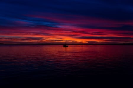 Horizon Sunset - nature, horizon, clouds, seascape, water, sunset, boat