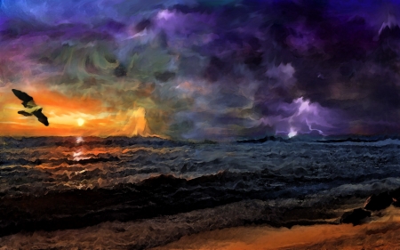 Beautiful Sunset - nature, sky, art, draw, sea