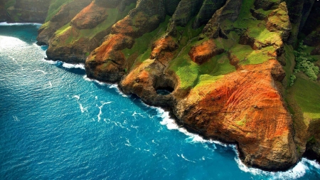 Aerial view_sink hole - beauty, cliff, limestone cliff, moss, coast, waves, nature, sink hole, blue, green, rock, grass, sea