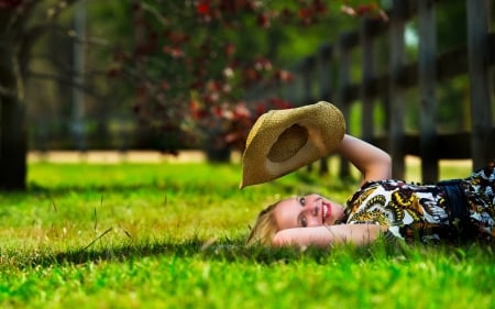 Happy Cowgirl - cowgirl, fence, hat, blonde, dress, grass