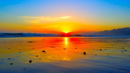 the beach - sunset, beach, sea, wet, ocean, sand