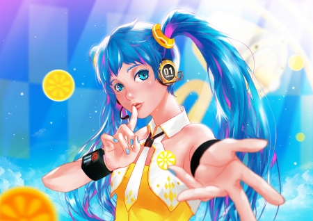 Hatsune Miku - manga, vocaloid, anime, hand, yellow, blue, girl, hatsune miku