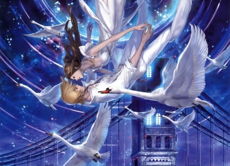 Swans - bird, anime, blue, swan, girl, feather, boy, manga, fantasy, white, wings, couple