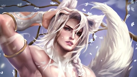 Silver Fox - blue, ears, spring, petals, tail, man, sakimichan, fantasy, white, hand, silver fox, art, luminos