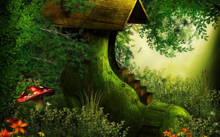 Fantasy house - house, shoes, fantasy, mushroom, red, green, forest, luminos