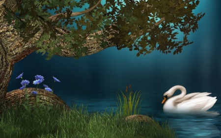 Swan - swan, lake, water, fantasy, white, luminos, blue, green, tree, flower