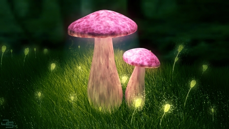 Pink mushrooms - game, flower, pink, fantasy, green, johnny8901, mushrooms, CG, luminos