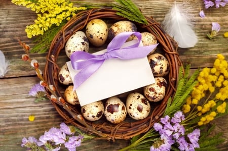 Happy Easter! - easter, basket, wood, purple, nest, bow, yellow, pink, feather, green, card, egg, flower