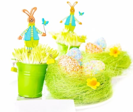 Happy Easter! - yellow, blue, deco, flower, bunny, easter, white, green, egg, card