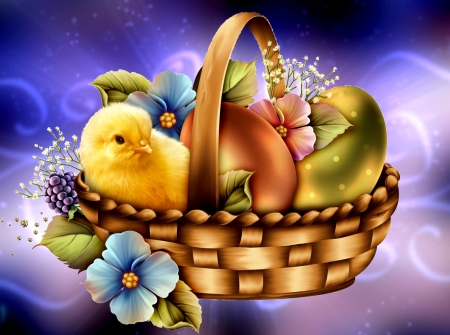 Happy Easter! - pretty, eggs, chicken, beautiful, spring, happy, easter, flowers, basket, colorful, holiday, lvoely, cute, background