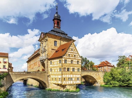 Bamberg City Hall, Germany - sky, clouds, river, house, bridge