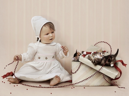 Naughty kittens - copil, baby, child, cat, christmas, pisica, animal, craciun, kitten, cute, box, gift