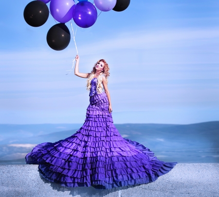 Girl - woman, purple, girl, blue, balloon, model, dress