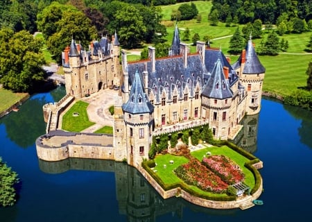 Chateau de la Fretesche, Loire Valley, France - water, boat, towers, building, bridge