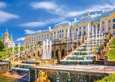 Peterhof Castle, St. Petersburg, Russia - stairs, sky, building, fountain, clouds