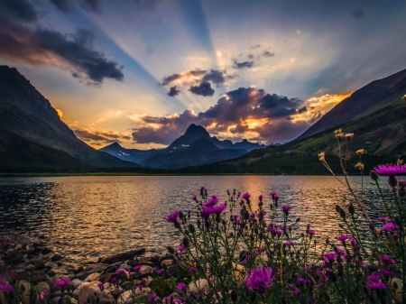 Lake Mountains - nature, rays, sky, lake, landscape, clouds, mountains, flowers