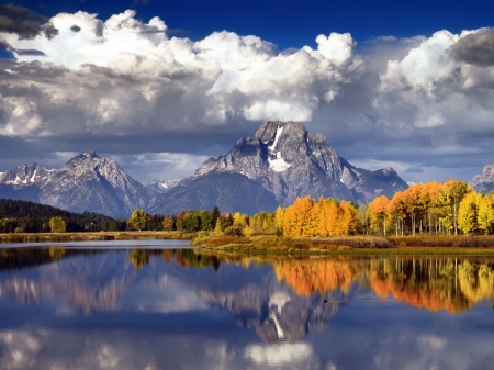 Lake in Reflection - clouds, forest, reflection, river, nature, autumn, lake, mountains, sky