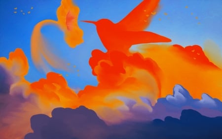 The humming-bird - sunset, fantasy, creative, bird, art, purple, cloud, colibri, hummingbird, luminos, blue, orange, flower