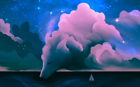 The Wolf - cloud, pink, water, ship, night, blue, art, creative, sky, wolf, fantasy, sea