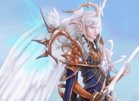 Angel - wings, feather, white, fantasy, blue, man, angel