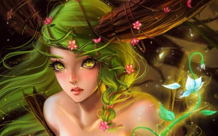 Fairy - fantasy, green, girl, fairy, face, pink, luminos