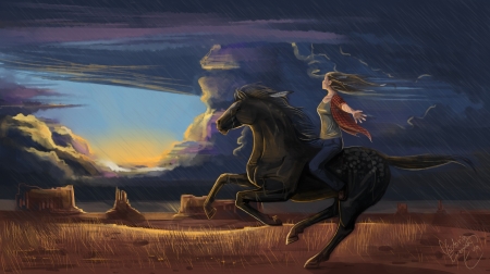 The storm - storm, blue, girl, orange, horse, black, fantasy, cloud, field, art