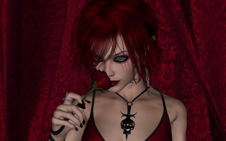 Gothic girl - game, pendant, girl, gothic, skull, flkower, black, fantasy, red, woman, rose, face, luminos