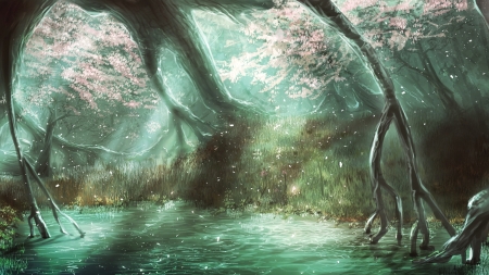 Forest - anime, water, forest, tagme, tree, black, manga, green, art, luminos