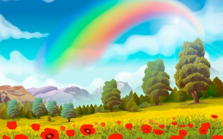 Rainbow - sky, vector, rainbow, landscape, art, cloud, yellow, red, blue, green, tree, flower, poppy