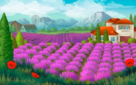 Landscape - house, lavender, blue, landscape, vector, flower, pink, red, green, cloud, art