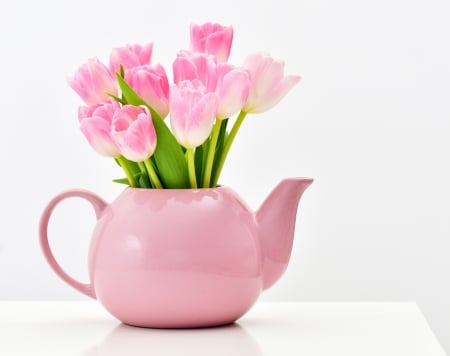 Tulips - white, card, flower, pink, tulip, spring, teapot, green