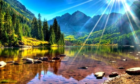 Lake Maroon Bells,Colorado - Mountain, Sun, Lake, Nature