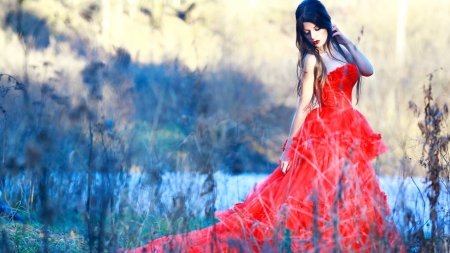 Brunette - girl, naturr, red, dress