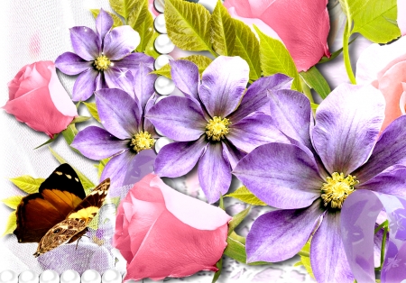 Pretty Flowers - art, butterfly, flowers, pretty