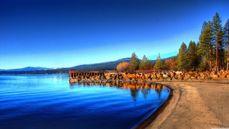 Lake Tahoe, California - beach, sunshine, landscape, trees, water