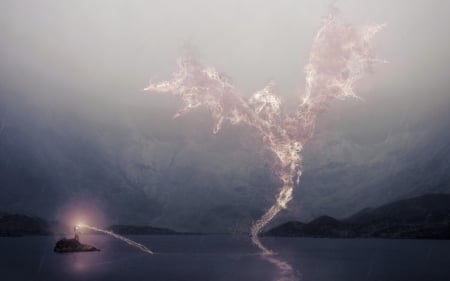 Fighting with the dragon - water, boat, sea, magical, creative, pink, man, dark, black, fantasy, dragon, wings