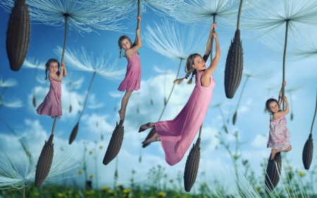 Spring is in the air - woman, girl, mother, child, copil, creative, fantasy, children, john wilhelm, pink, dandelion, blue, spring is in the air, sister, cute