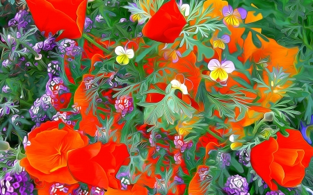 Flowers - red, flower, pictura, popy, texture, painting, art, green