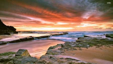 Red Clouds Upon the Rocky Ocean - clouds, mossy, rocky, shore, nature, red, ocean