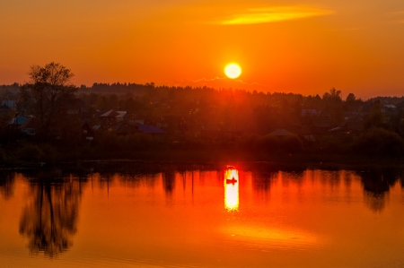 Reflection of the Sun in Water - nature, sunset, orange sky, river