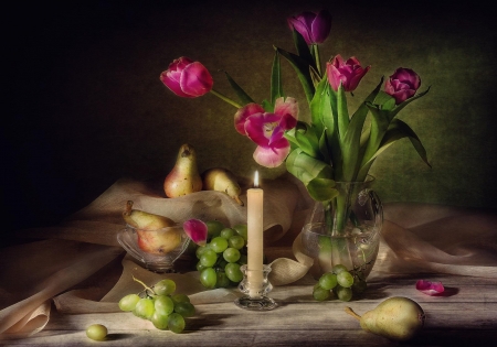 Still life - abstract, vase, candle, table, pink, still life, dark, grapes, tulips, purple, arrangement, fruit, background, floral, pears, other